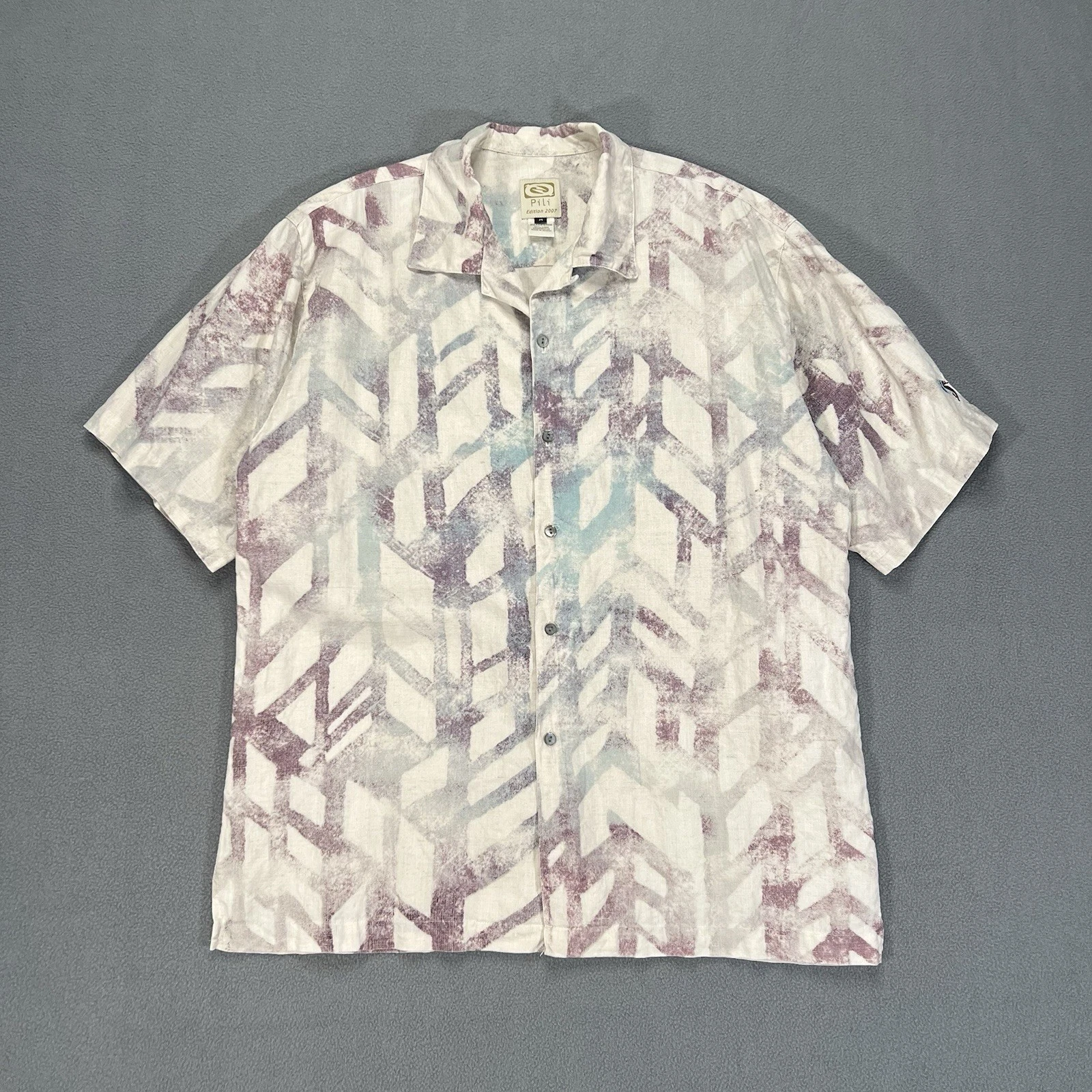 Pili Shirt Men Medium Linen Ivory Short-Sleeve Aloha Geometric Print Embroidered