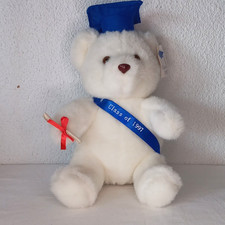 International Silver 1997 Graduation Bear Blue And White Plush Sash Mortarboard