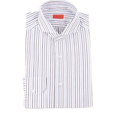 Isaia Tailored-Fit 'Mix' Blue-Brown Stripe Cotton Dress Shirt 15.5 Eu 39 NWT