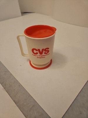CVS DRUGSTORE Plastic Footed Travel Cup/Mug ~ With Orange Lettering, Lid & Stand