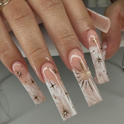 24-Piece Long Square Press on Nails - Bling Marble Nails False Nails