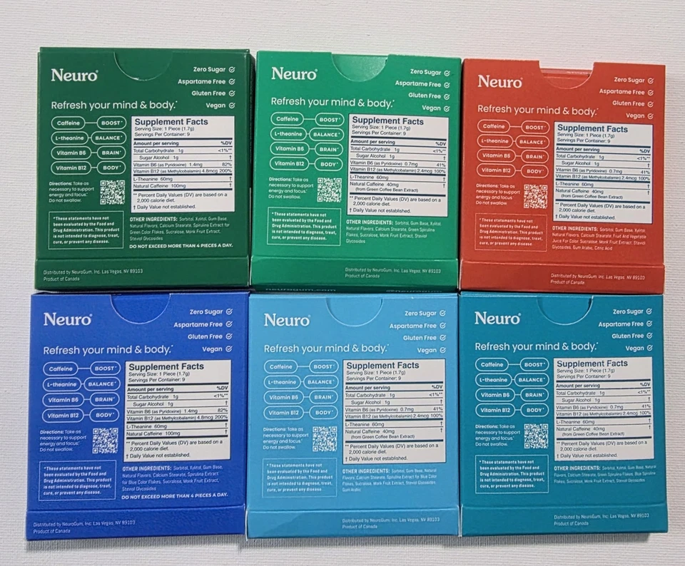 Neuro Gum L-teanina B-12 Nootrópicos Cafeína 6pk 54 piezas Energía y Enfoque Variedad  Foto 2 de 4