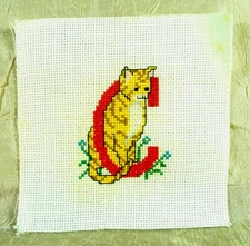 Finished Cross Stitch Letter C with Cat Alphabet  Sampler 6" x 6" unframed