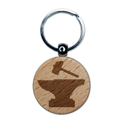 Hammer and Anvil Blacksmith Icon Engraved Wood Round Keychain Tag Charm