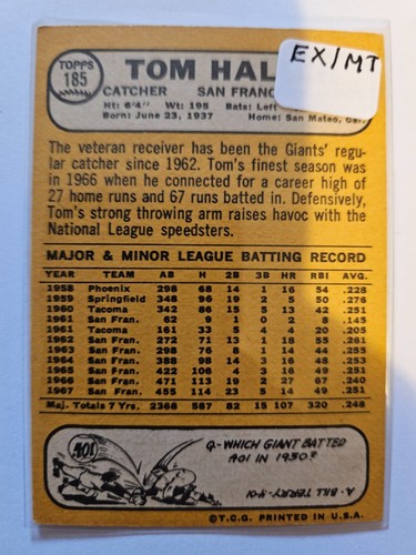 1968 TOPPS TOM HALLER #185 EX/MT KOMBINIERTER VERSAND - Bild 2 von 2