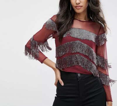 ASOS Embellished Fringe Sheer Panel Burgundy Top Size