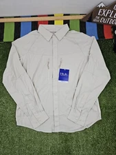 Huk men snap button shirt fishing hiking size S beige zip pockets longsleeve