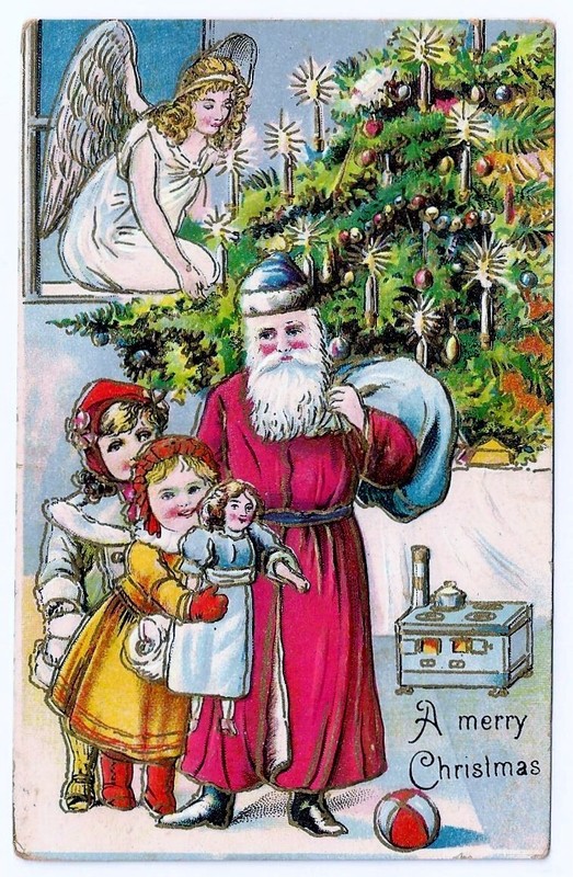 ANTIQUE EMBOSSED CHRISTMAS Postcard, SANTA CHILDEN ANGEL, SERIES 76, GERMAN 1908