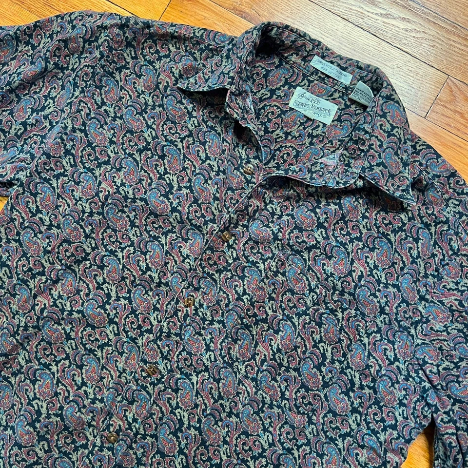 Camisa De Colección Sears and Roebuck Años 90 Paisley Abotonada 100% Algodón Talla Mediana Negra Foto 4 de 4