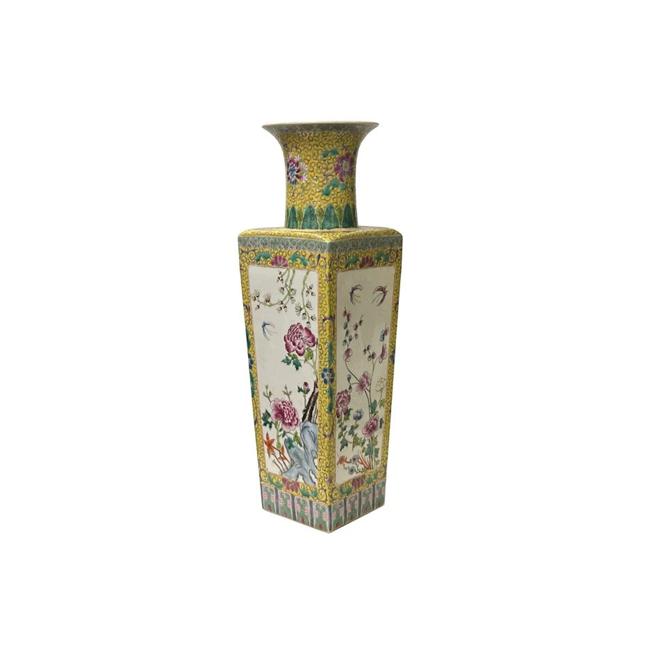 Винтажная китайская фарфоровая ваза ручной работы с желтыми белыми цветами птицами JK197 - Изображение 3 из 4