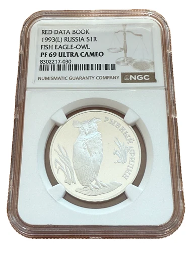 Russia 1993 Silver 1 Rouble NGC PF69UC Red Date Book - Fish Eagle - Owl