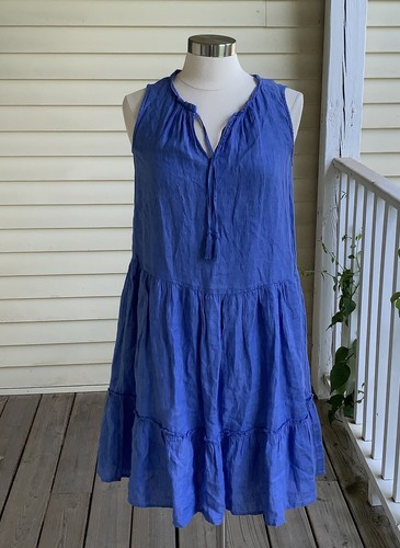 J Mc Laughlin Christa Linen Dress XS French Blue Sleeveless Pockets Tiered - Picture 4 of 12
