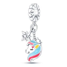 Unicorn My Little Horse Pony Love Heart Dangle Bead Charm Sterling Silver 925
