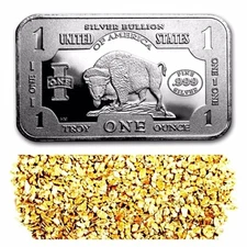 1 TROY OZ .999 SILVER 1901 $10 BISON BAR BU + 10 PIECE ALASKAN PURE GOLD NUGGETS