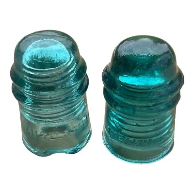 lot of 2 Glass Insulators, AM . Tel &Tel Co. Aqua blue Some Chips