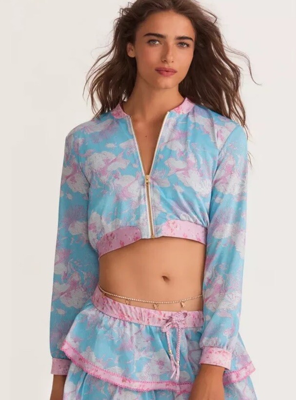 LoveShackFancy X Hurley S Under The Sea Cropped Bomber Zip Jacket $85 Pink Blue