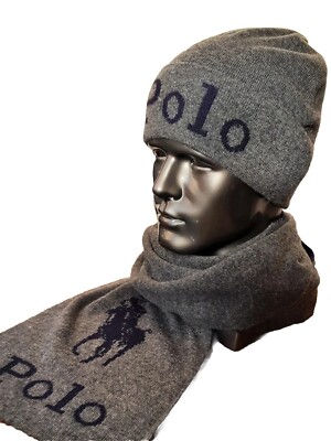 NWT Polo Ralph Lauren Men's Piece Set Hat Scarf, Gray/Navy
