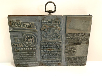 Antique Printer's Wood Block Metal Plate Letterpress Store Advertising