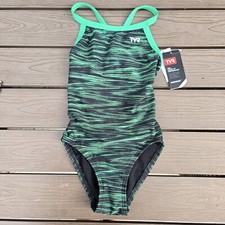 TYR Durafast Elite Fizzy Green/black DiamondFit 1 Pc Swim Girls Youth Sz 24 NEW