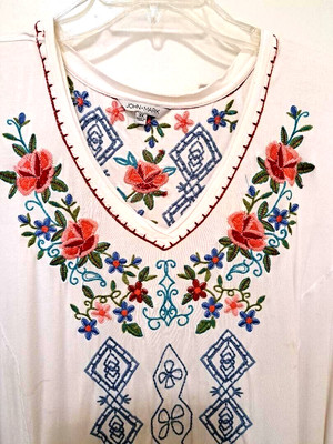 John Mark Women 3X White Short Sleeve Blouse Embroidered Boho Peasant Tunic Top