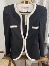 Black White Tipped Blazer. Small Collarless Open Jacket Classic Preppy Scalloped