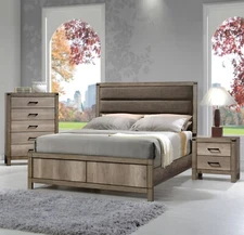 3pc Queen Size Melamine Finish Master Bedroom Set Rustic Light Grey Wood Finish