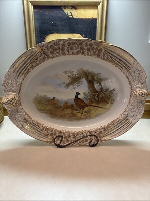Royal Worcester Vitreous Aesthetic Movement Pheasant Platter Raised Bird Handles