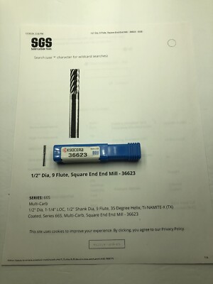 (1) NEW SGS/ Kyocera 1/2''X1-1/4''x3'' 9-Flute Square End Mill 36623.