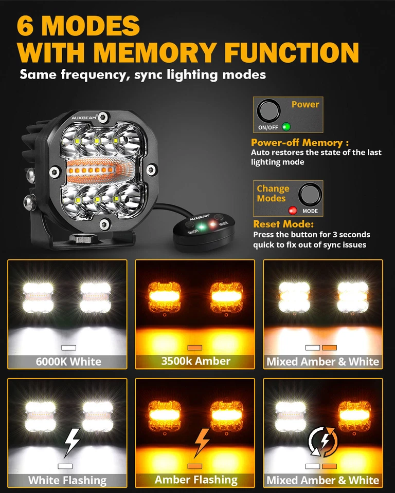 AUXBEAM 3" LED Pods 6 Modes w/ Amber Flashing LED Driving Lights For Ford Bronco — 第 3/4 张图片