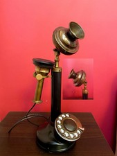 Antique Brown Brass Candlestick Telephone: Rotary Dial Decor