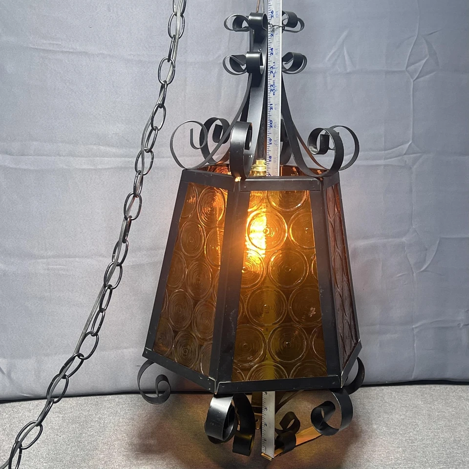 Lámpara Colgante Swag Ámbar De Colección Hierro Forjado Pergamino Luz Española 26" Alto Foto 2 de 4