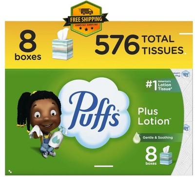 Puffs Plus Lotion Facial Tissues, 8 Mega Cube Boxes, 72 Tissues Each