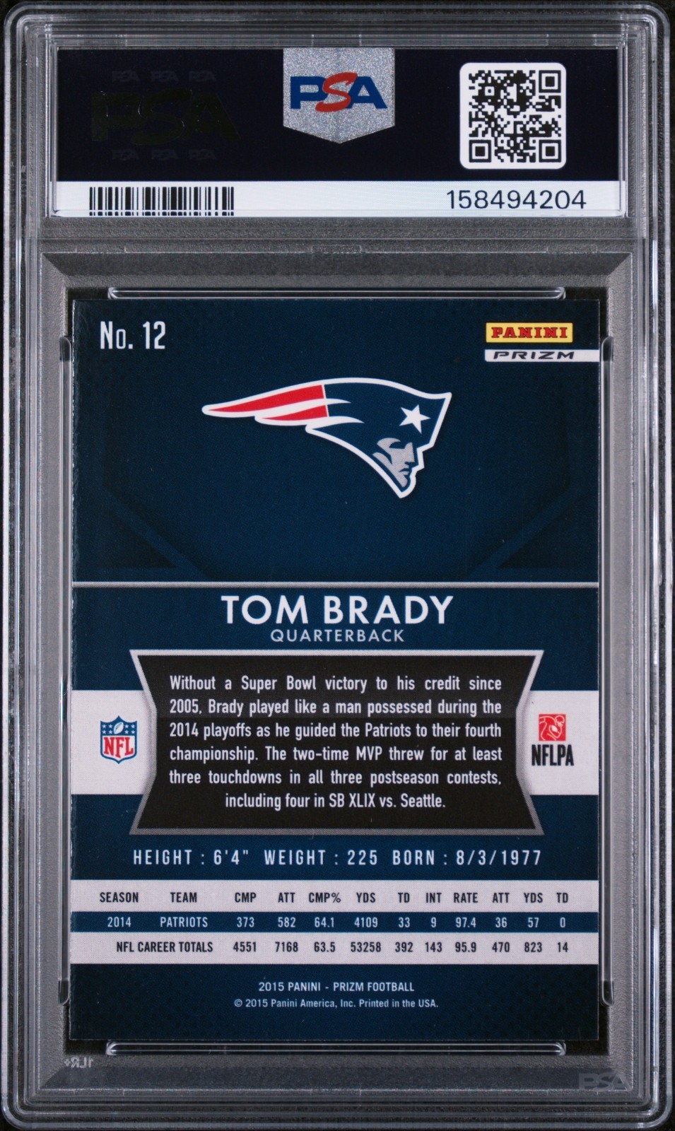 2015 Panini Prizm Tom Brady #12 Blue Prizm PSA 9 Mint SSP Patriots view 2