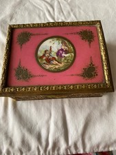 Vintage French Jewelry Box Hand Painted Porcelain Insert Ornate Gilt Metal