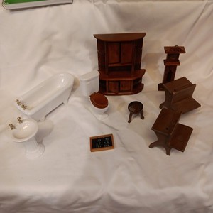 Dollhouse Miniature Bathroom Set Lot 3 Ceramic/Metal White Brown Gold Tub