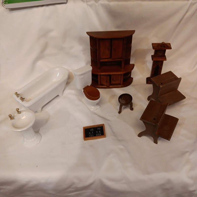 Dollhouse Miniature Bathroom Set Lot 3 Ceramic/Metal White Brown Gold Tub