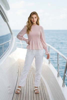 Francesca's Mi Ami Pink Peasant Top Smocked Blouse Puffy Long Sleeves XS MiAmi