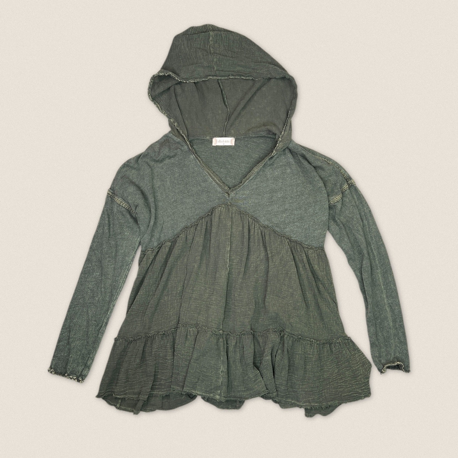 Altar'd State Green Cotton Ruffled Flowy Babydoll Hoodie Blouse Top Size Small