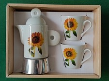BELLISSIMA CAFFETTIERA ALLUMINIO E PORCELLANA DECORATA 2 TZ + 2 TAZZINE.  CU35