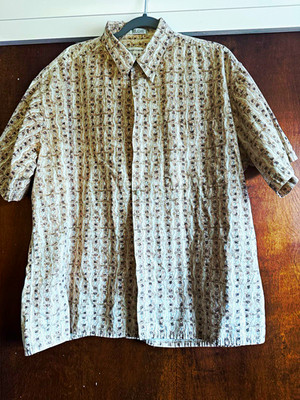 Pierre Cardin Men's XL Woven Cotton Beige/Brown Geometric SS Button-Up 350398