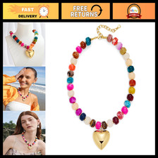 Colorful Chunky Heart Necklace for Women - Resin Beaded Choker, Gold Statement J