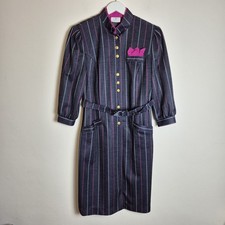 Vintage UK 12 Grey Pink Stripe Half Shirt Wool Blend Dress Scottish Highland