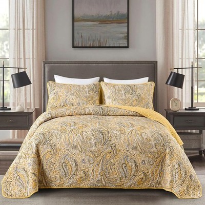  Paisley Quilt Set Size Boho Quilt Bedspread Set 3 Pieces, Soft Queen Yellow