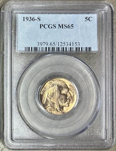 Stunning Golden-Toned 1936-S Buffalo Nickel, PCGS MS-65