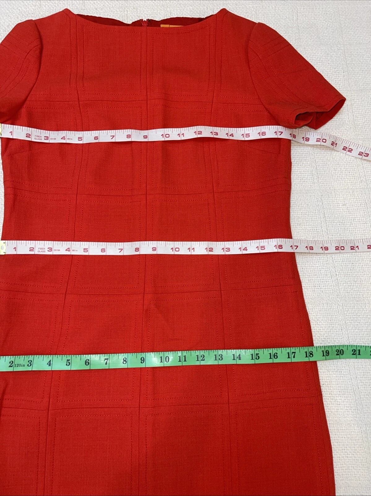 Abito Tory Burch rosso arancione poli lana elasticizzato tubino carriera patchwork cuciture 6