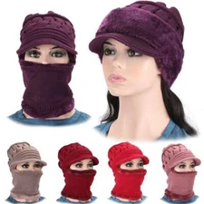 Winter Women Bib Beanie Cap with Brim Pom Bobble Scarf Mask Set Knitted Warm Cap