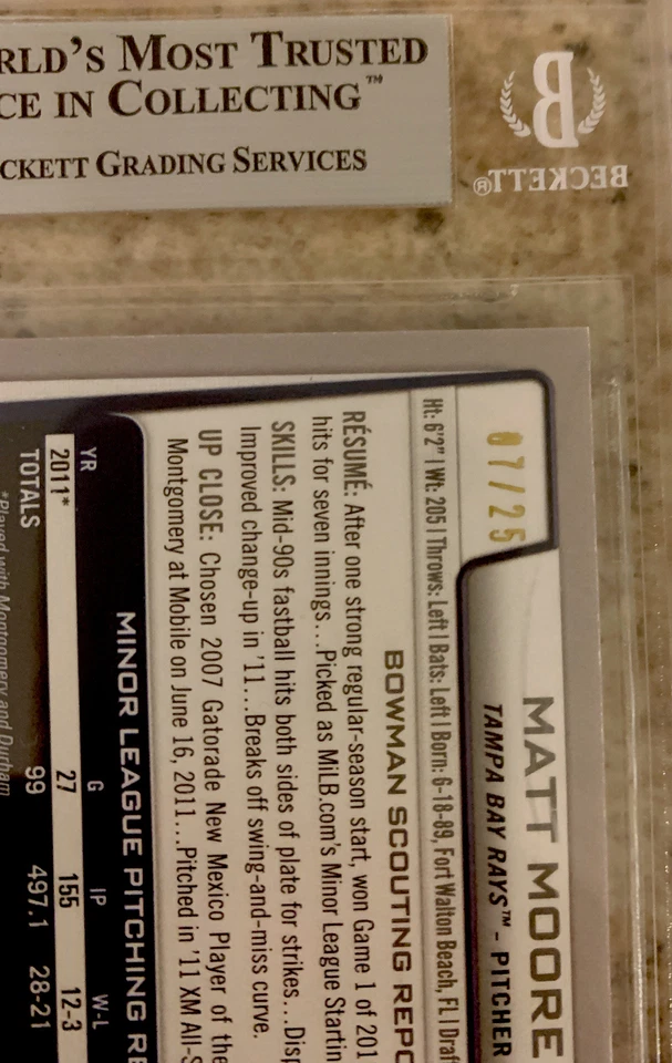 #rd/25 2012 Bowman Silver Red Ice Matt Moore #211 BGS 9 como nuevo novato Ssp Rays Sp Foto 4 de 4