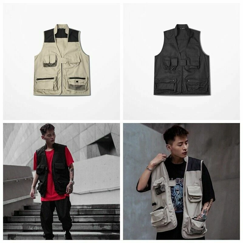 Men Multi Pocket Utility Vest Waistcoat Cargo Sleeveless Jacket Photography  Tops