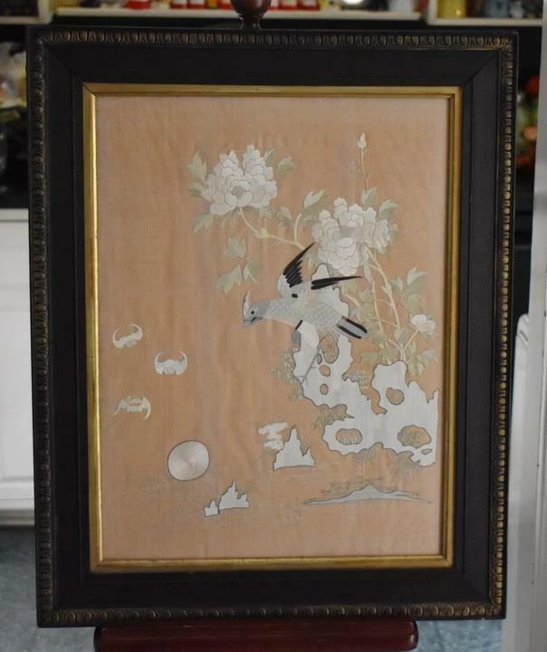 PRECIOSO MURCIÉLAGO PÁJARO SEDA ROSA JAPONÉS BORDADO A MANO VICTORIANO MOTIVO FLORAL Foto 2 de 4