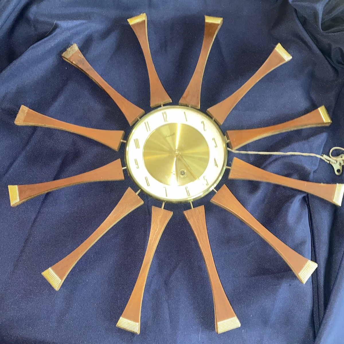 Vintage MCM Forestville Starburst Wall Clock Wood & Brass 20.5